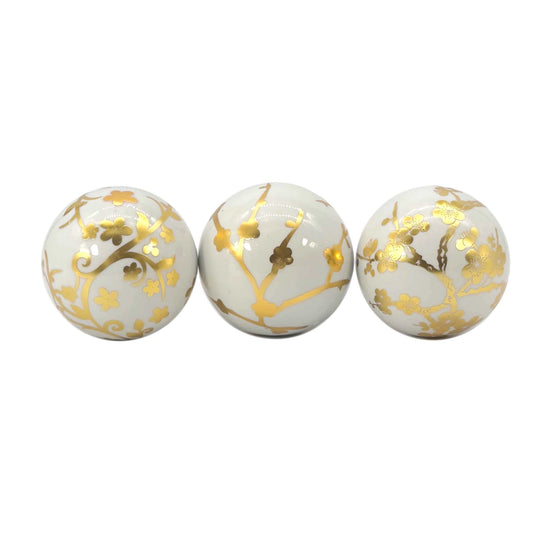 Gold & White Floral Ceramic Balls (Set of 3)