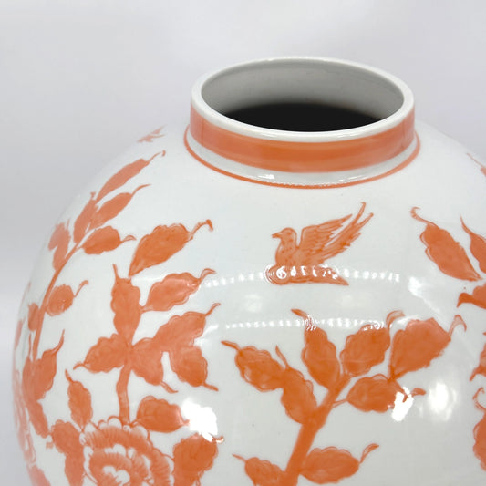 Orange Floral Chinoiserie Ceramic Globe Vase