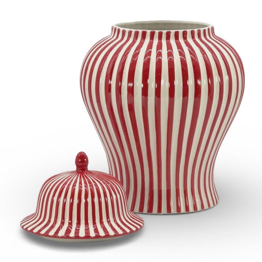 Red & White Striped Ceramic Jar