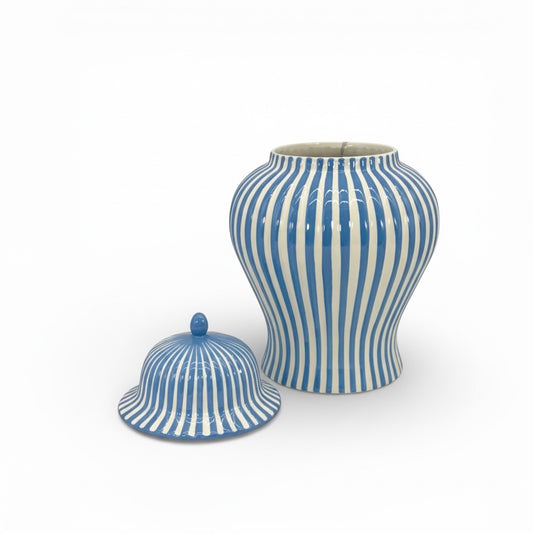 Blue & White Striped Ceramic Jar