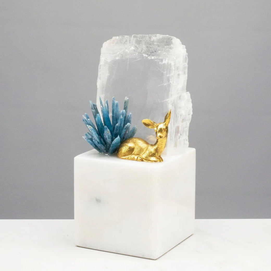 Brass Deer on Marble Base w/ Selenite & Kyanite