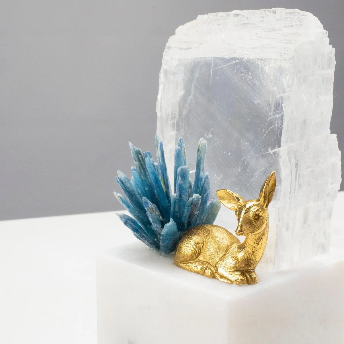 Brass Deer on Marble Base w/ Selenite & Kyanite