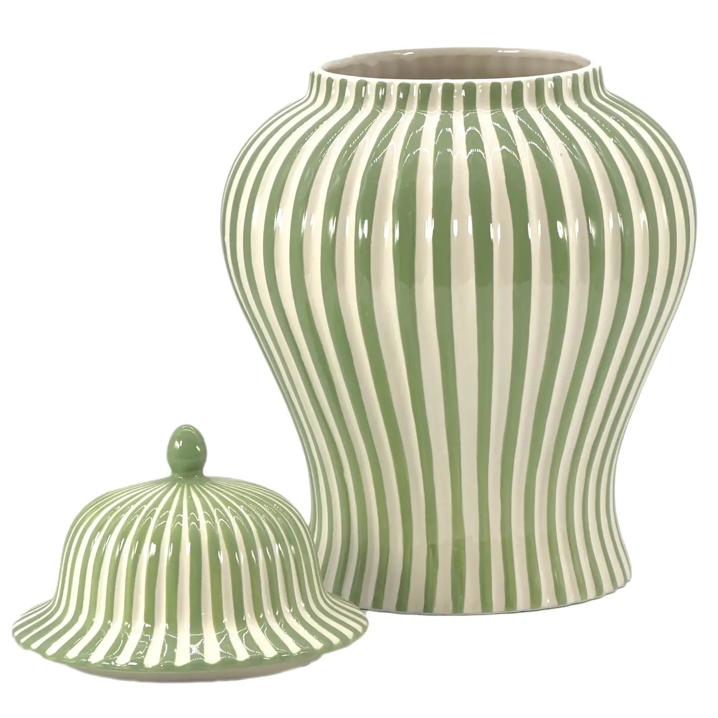 Green & White Striped Ceramic Jar
