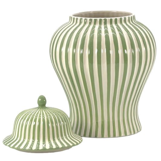 Green & White Striped Ceramic Jar