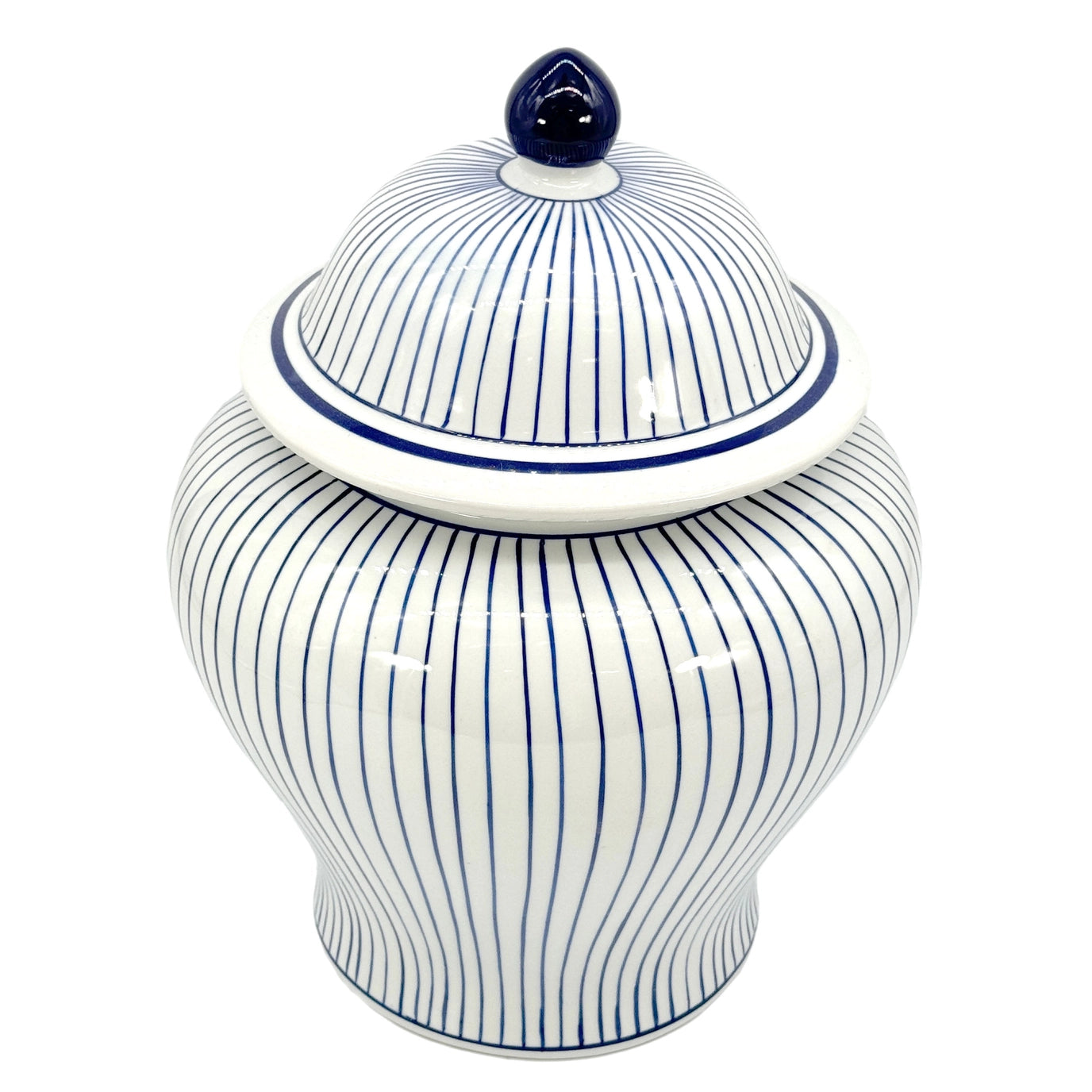Blue & White Striped Wide Ceramic Jar