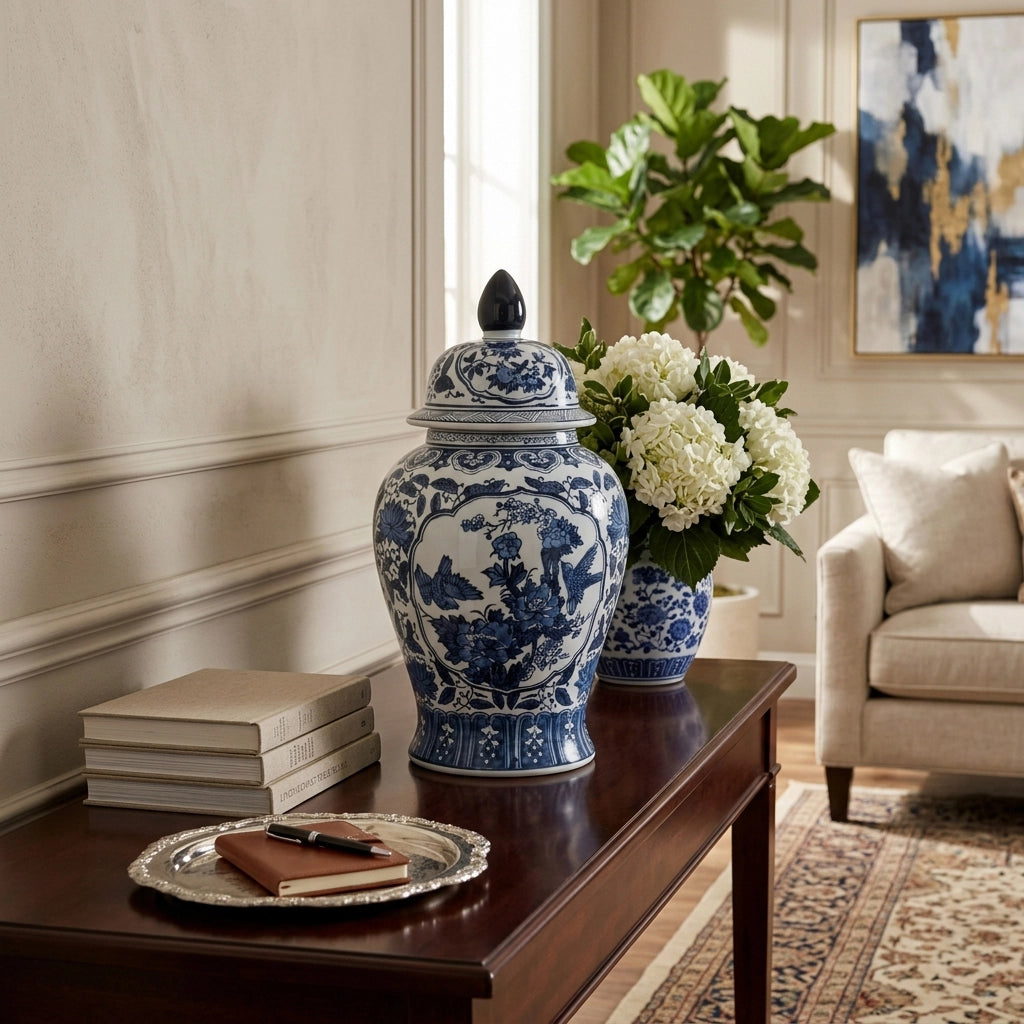 18" Blue Ceramic Flower Temple Jar
