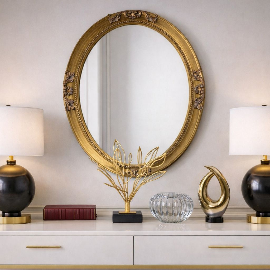 Oval Antique Gold Finish Mirror w/ Beaded Textured