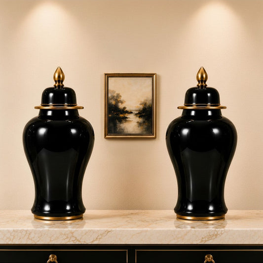 24" Ceramic Temple Jar - Black & Gold