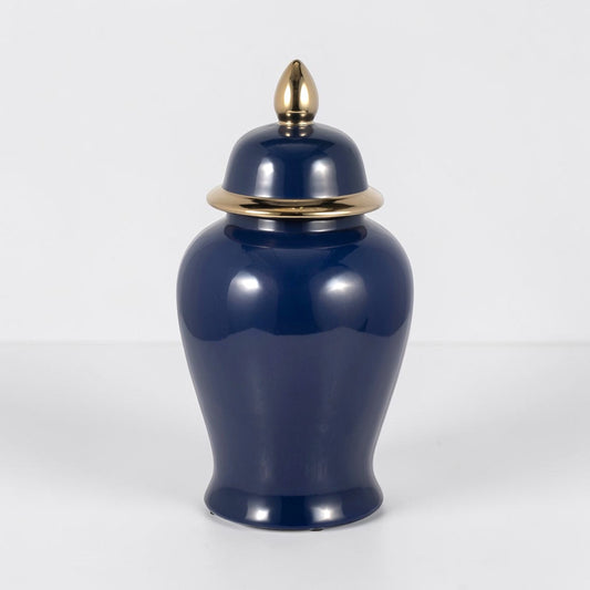 18" Ceramic Temple Jar - Navy & Gold