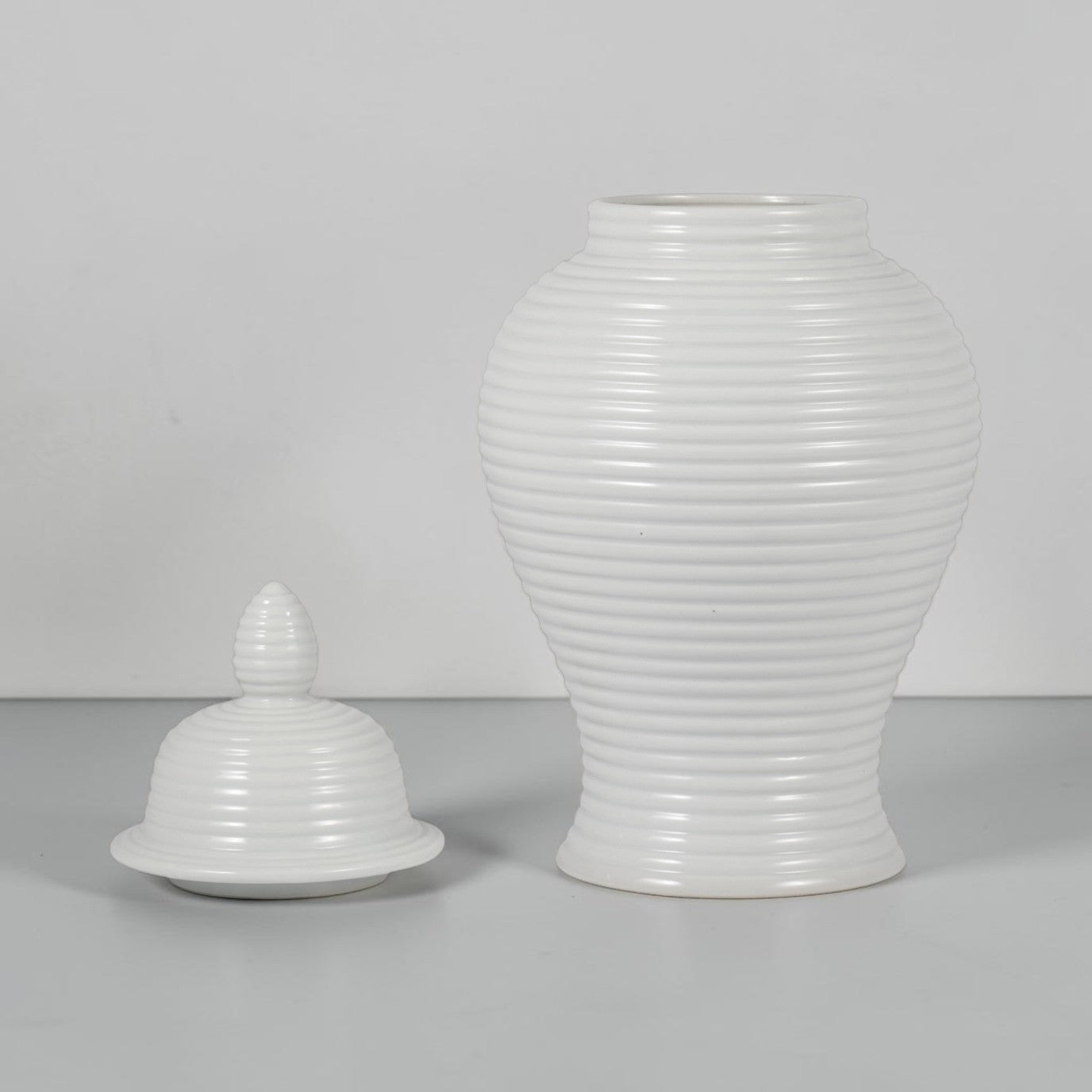 18" Ceramic Ribbed Temple Jar - White