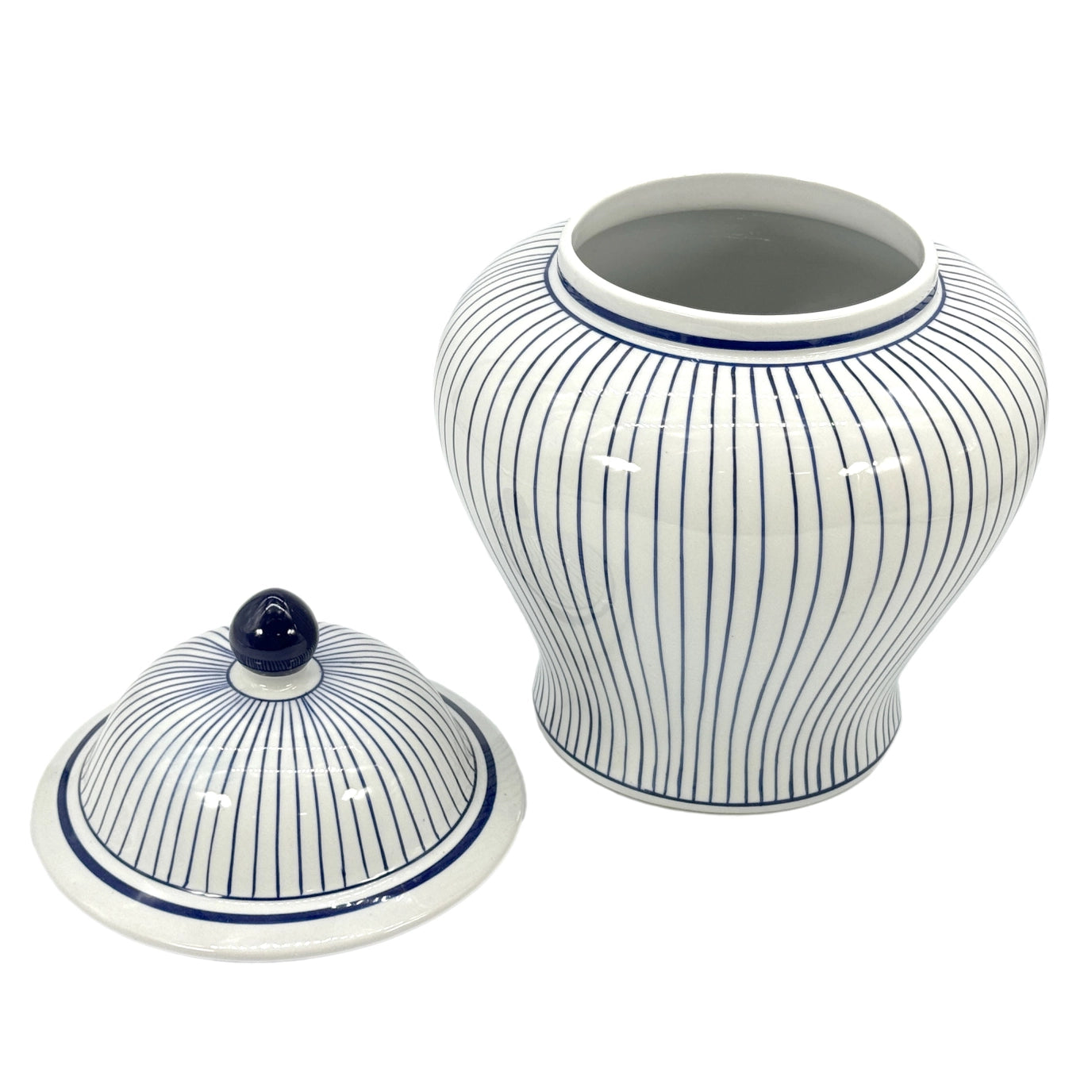 Blue & White Striped Wide Ceramic Jar