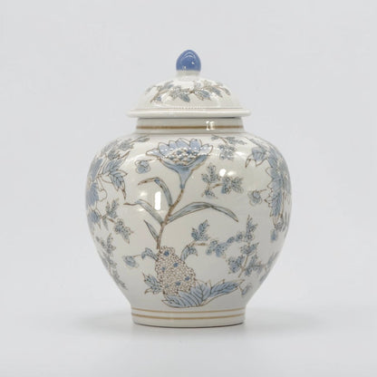 White & Blue Ceramic Chinoiserie Floral Jar - 10"
