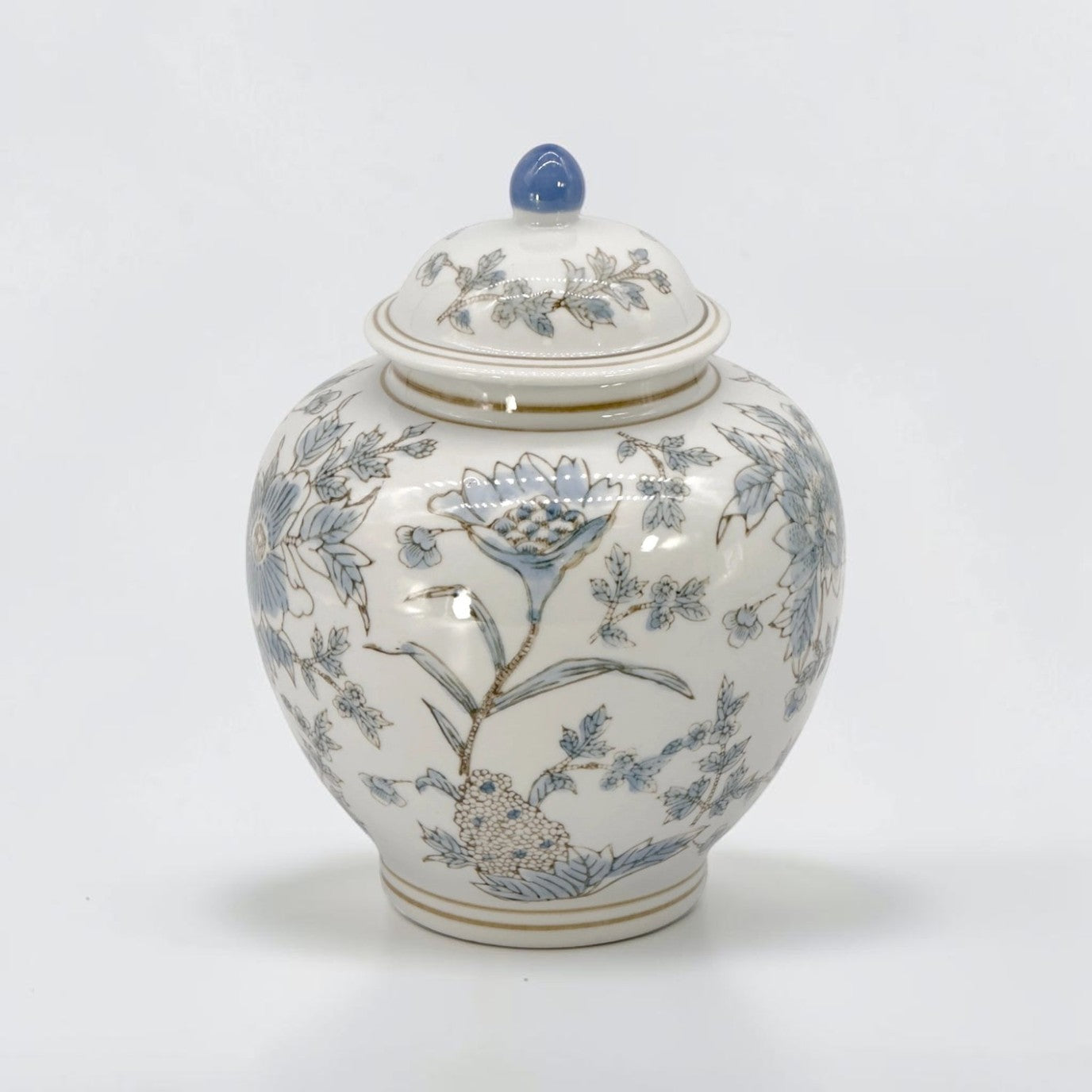 White & Blue Ceramic Chinoiserie Floral Jar - 10"