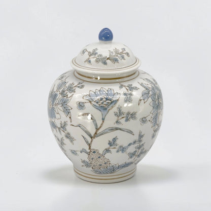 White & Blue Ceramic Chinoiserie Floral Jar - 10"