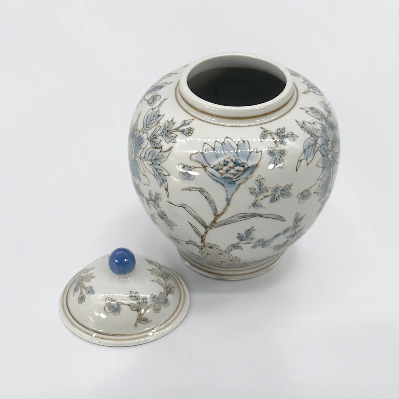 White & Blue Ceramic Chinoiserie Floral Jar - 10"