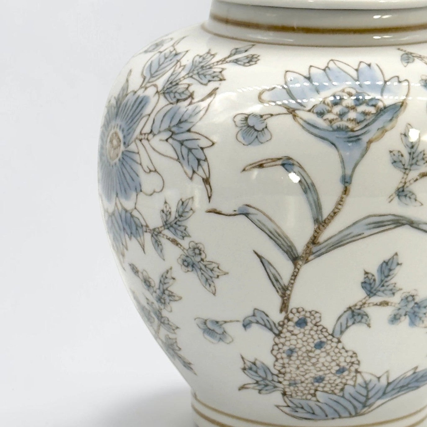 White & Blue Ceramic Chinoiserie Floral Jar - 10"