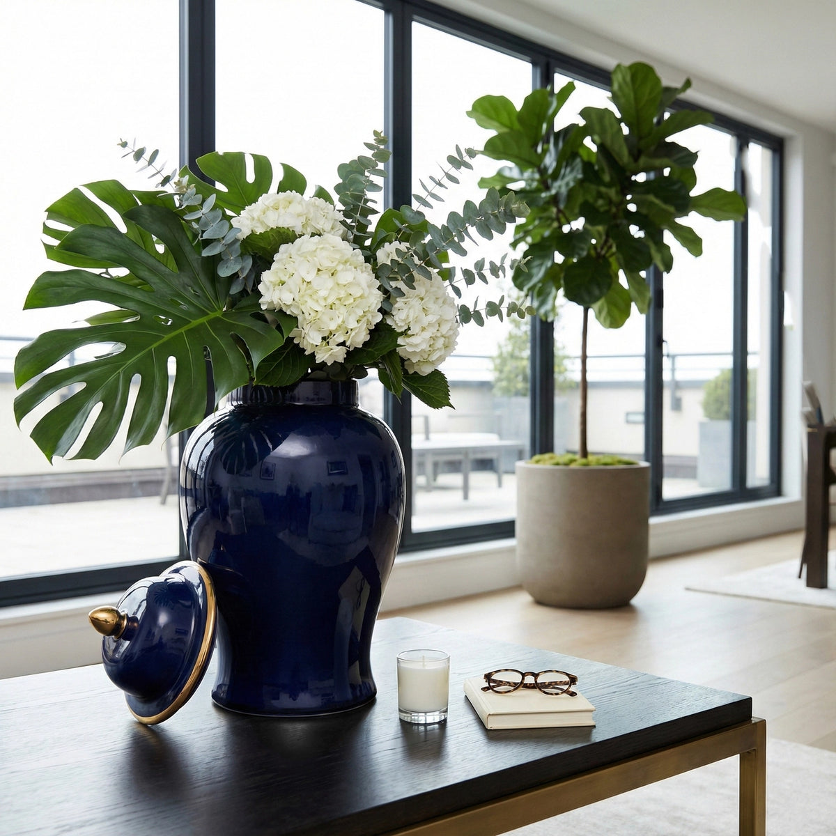 24" Ceramic Temple Jar - Navy & Gold
