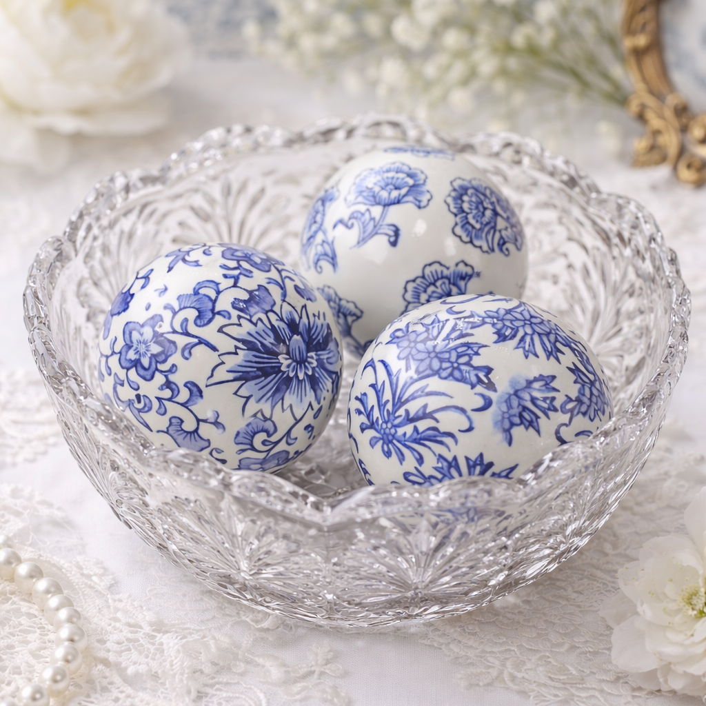 Blue & White Floral Ceramic Balls (Set of 3)