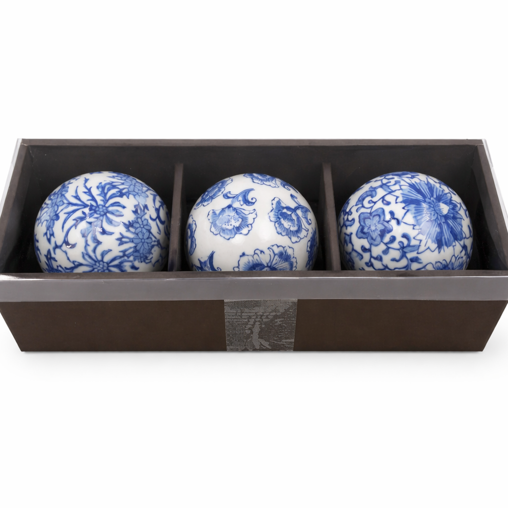 Blue & White Floral Ceramic Balls (Set of 3)
