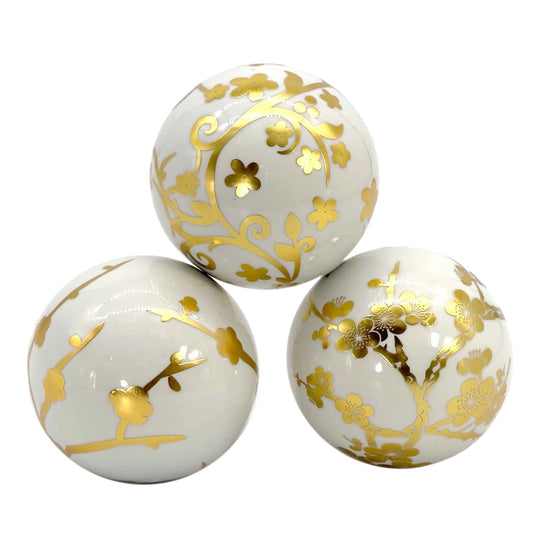 Gold & White Floral Ceramic Balls (Set of 3)