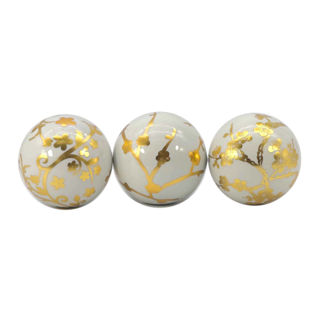 Gold & White Floral Ceramic Balls (Set of 3)