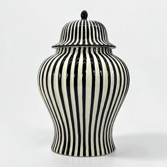 Black & White Striped Ceramic Jar