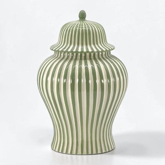 Green & White Striped Ceramic Jar