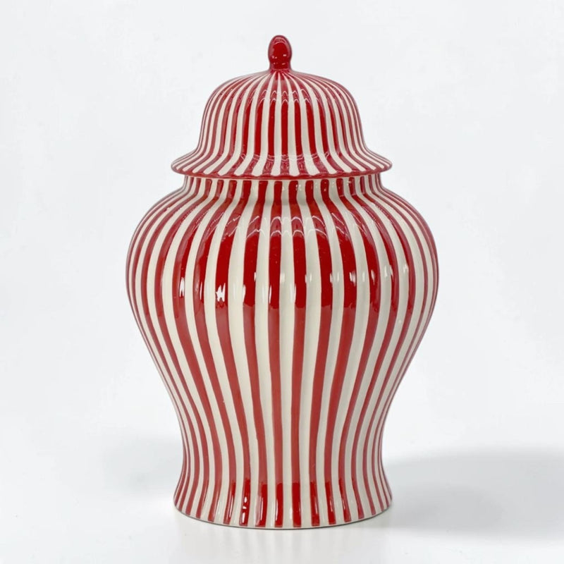 Red & White Striped Ceramic Jar