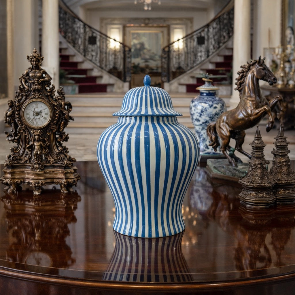 Blue & White Striped Ceramic Jar