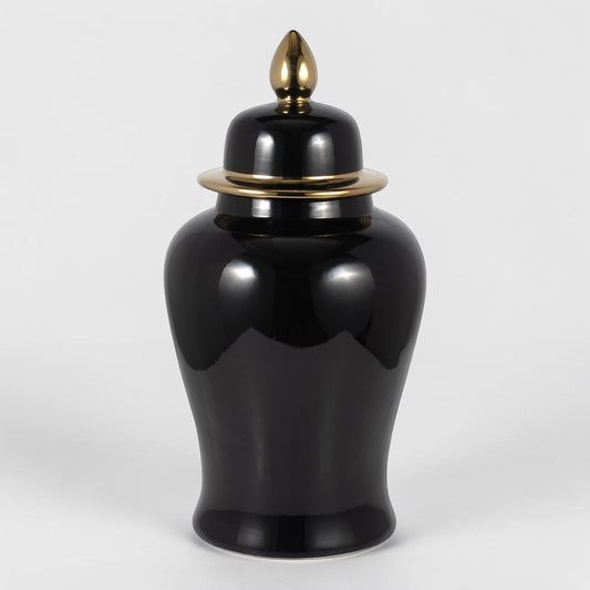 24" Ceramic Temple Jar - Black & Gold