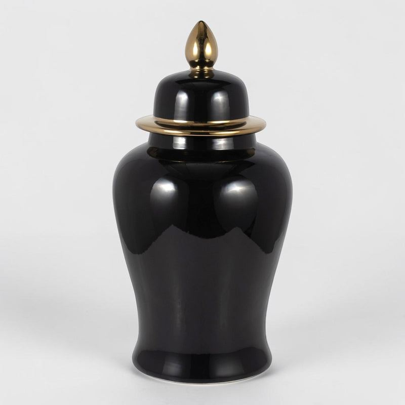 24" Ceramic Temple Jar - Black & Gold