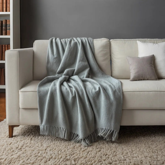 Cashmere Woven Throw w/ Fringes - Grey