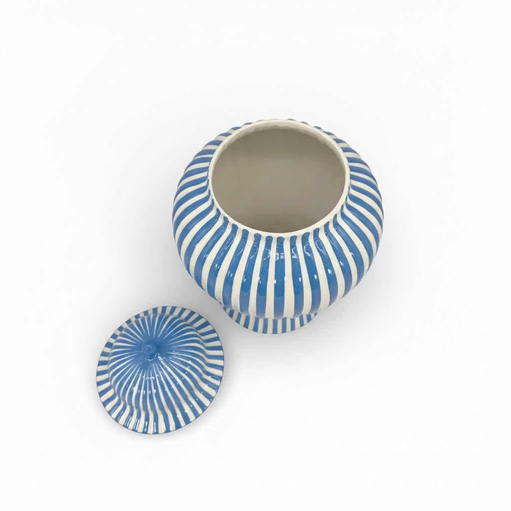 Blue & White Striped Ceramic Jar