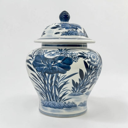 Blue & White Bamboo Floral Wide Ceramic Ginger Jar
