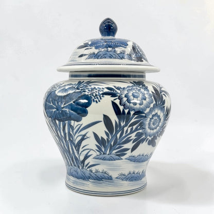 Blue & White Bamboo Floral Wide Ceramic Ginger Jar