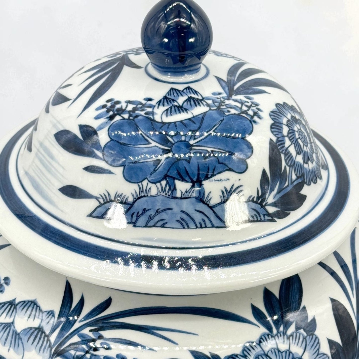 Blue & White Bamboo Floral Wide Ceramic Ginger Jar