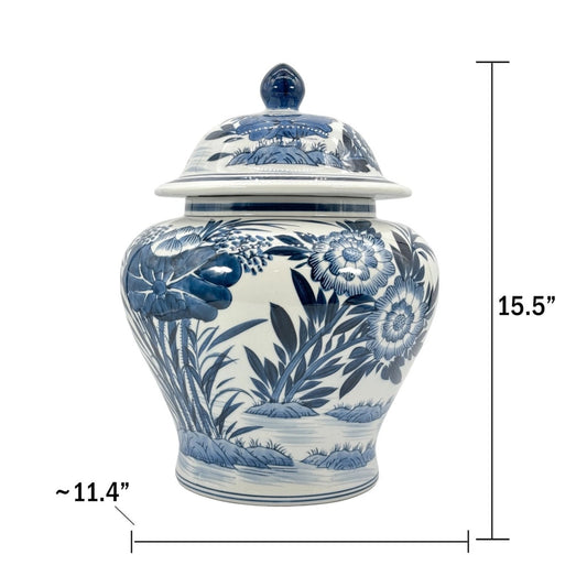 Blue & White Bamboo Floral Wide Ceramic Ginger Jar