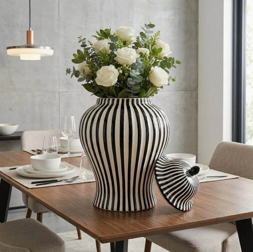 Black & White Striped Ceramic Jar