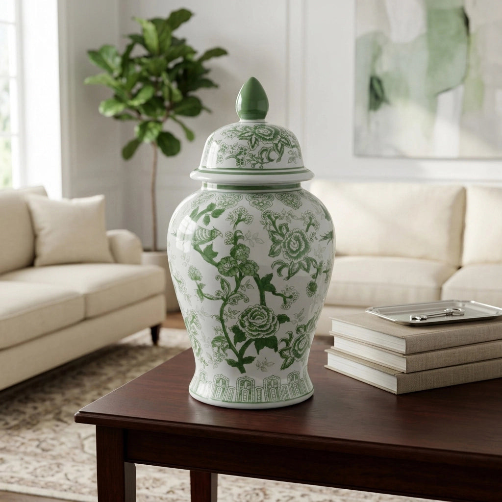 18" Green Ceramic Bird Flower Jar