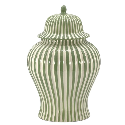 Green & White Striped Ceramic Jar