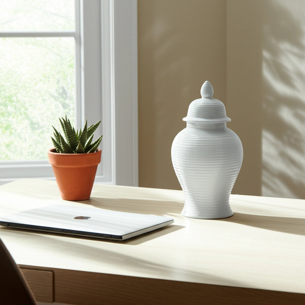 18" Ceramic Ribbed Temple Jar - White