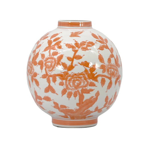 Orange Floral Chinoiserie Ceramic Globe Vase