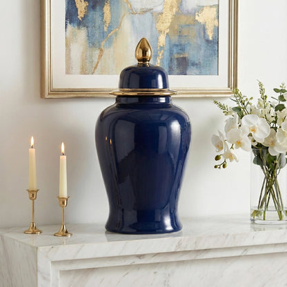 24" Ceramic Temple Jar - Navy & Gold