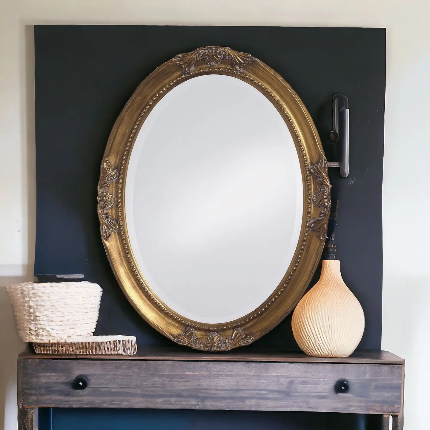 Oval Antique Gold Finish Mirror w/ Beaded Textured