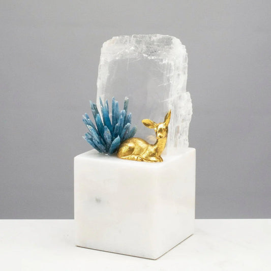 Brass Deer on Marble Base w/ Selenite & Kyanite