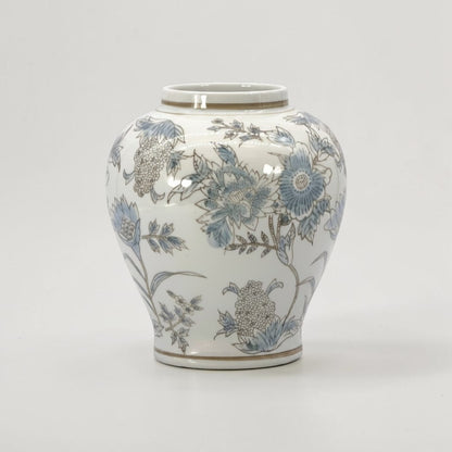 White & Blue Floral Chinoiserie Ceramic Vase