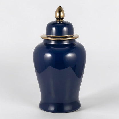24" Ceramic Temple Jar - Navy & Gold