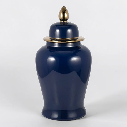 24" Ceramic Temple Jar - Navy & Gold